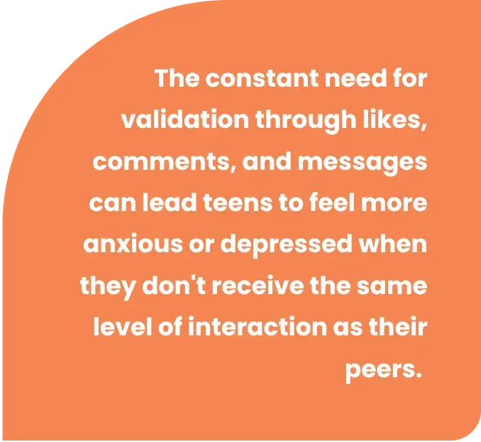 Text on an orange background: The impact of social media on teen mental health is evident as the constant need for validation through likes, comments, and messages can make teens feel anxious or depressed when they dont receive the same level of interaction as their peers.