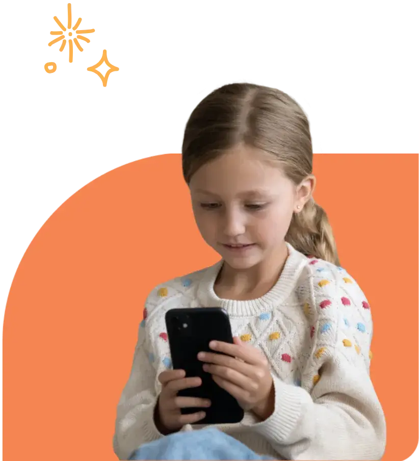 A young girl with blonde hair looks intently at a smartphone, perhaps reflecting on the impact of screen time. She wears a cream-colored sweater adorned with colorful dots. The background is a mix of black and orange, featuring star-like decorations that twinkle softly.