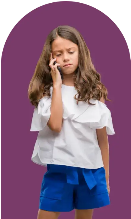 A young girl with long brown hair wearing a white ruffled blouse and blue shorts is talking on a smartphone with a serious expression, contemplating the impact of screen time. The background is solid purple.