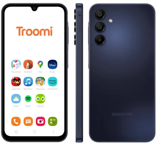 A15_Phone_Mockup Troomi_A15 3phone 1800px 2 Image of a Troomi smartphone displaying various app icons on the screen, including Disney+, Google Maps, and Spotify. The phone is shown from the front, side, and back, highlighting its sleek design and triple camera setup.