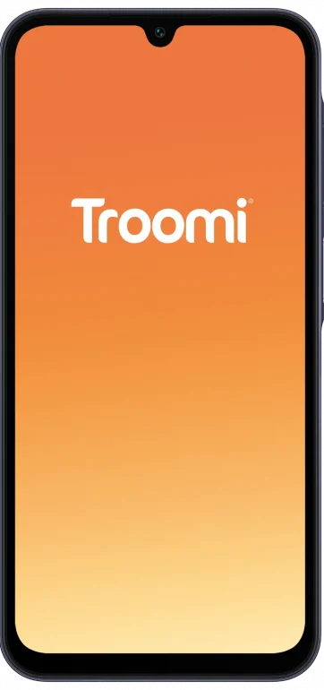 A15_Phone_Mockup Troomi_A15 front gradient logo only A smartphone displaying an orange to yellow gradient background with the word Troomi centered in white text.
