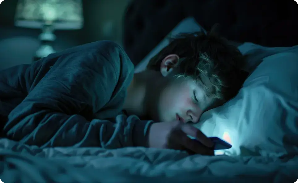 A person is lying in bed at night, illuminated by the glow of a smartphone they are holding. A lamp casts a dim light in the background. The scene hints at late-night phone use, reflecting the impact of social media on teen mental health—caught between endless scrolling and sleep.