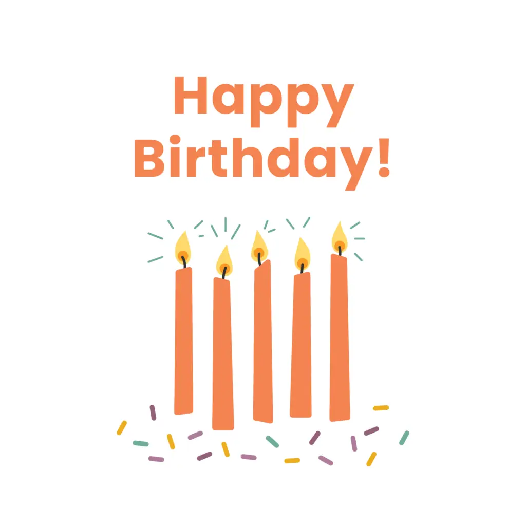 Illustration of five lit orange candles with colorful confetti-like accents at the base. Above the candles, the text Happy Birthday! is written in bold orange letters on a plain white background. Perfect as downloadable resources for festive celebrations and personalized greetings!.