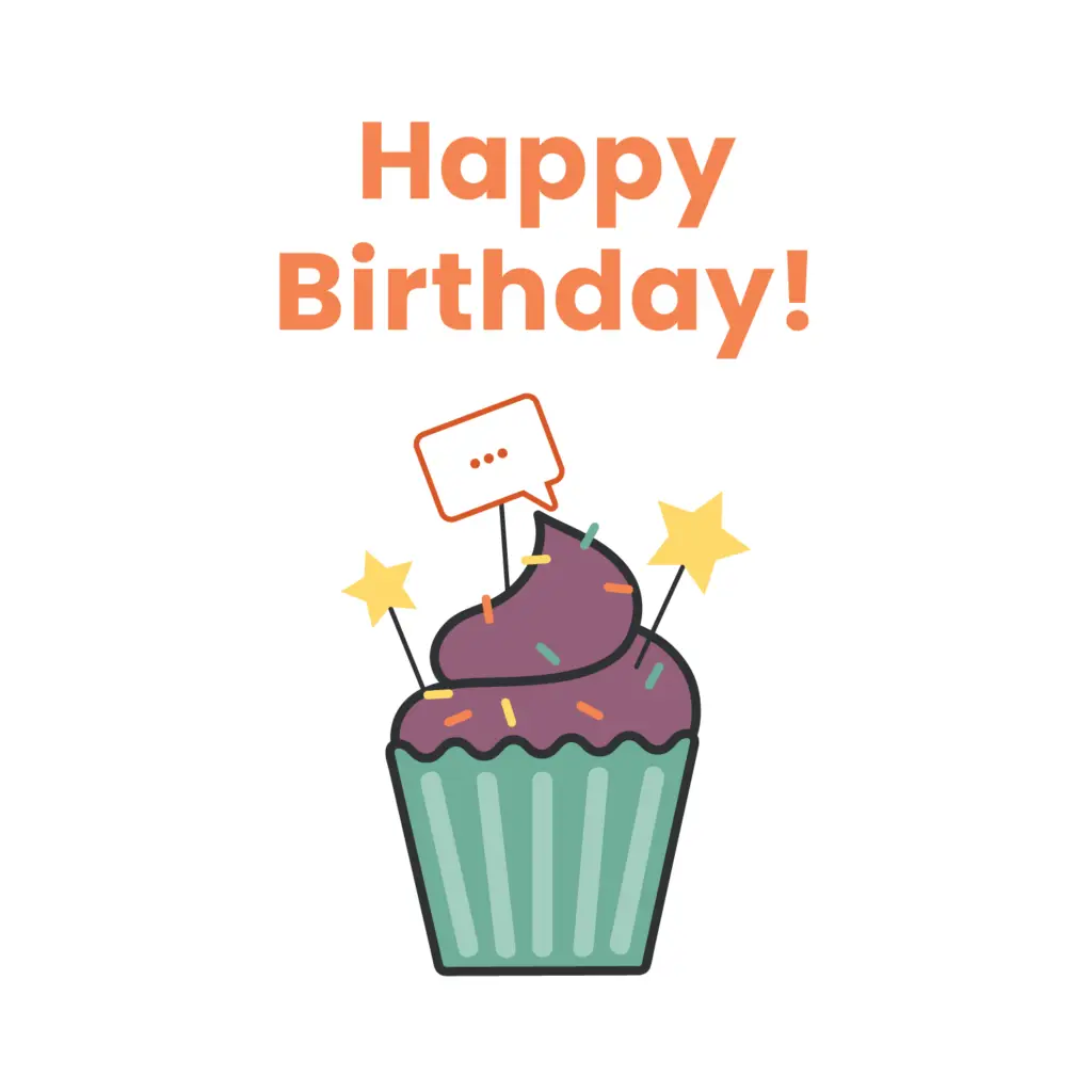 Illustration of a cupcake with purple frosting in a green wrapper, adorned with sprinkles, stars, and a speech bubble decoration. A cheerful Happy Birthday! in orange letters floats above. Perfect for celebrations, this design is part of our collection of downloadable resources.