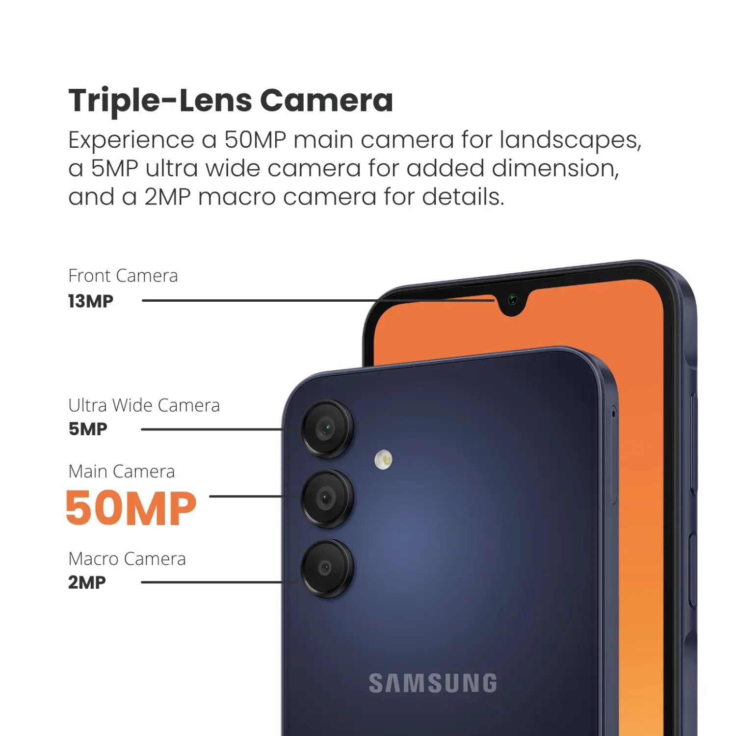 The image showcases a Samsung smartphone, possibly compatible with Troomis safe mobile experience, featuring a 50MP main camera, 5MP ultra-wide lens, and a 2MP macro camera. The sleek design highlights both the stylish front and back, along with its impressive 13MP front camera.