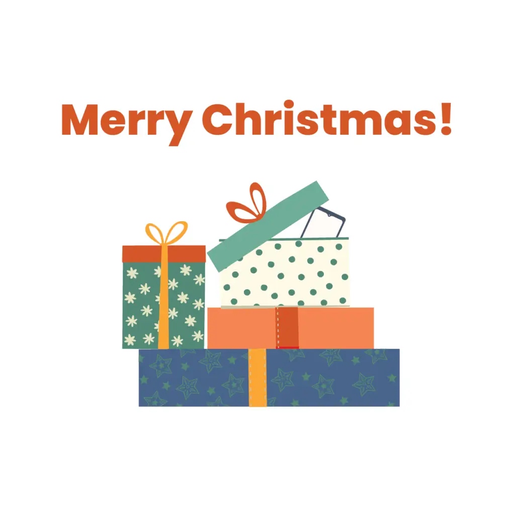 A stack of four decorated gift boxes with different patterns, topped with bows, overlaid with the text Merry Christmas! in bold, orange letters. This festive scene is available as downloadable resources against a plain white background.