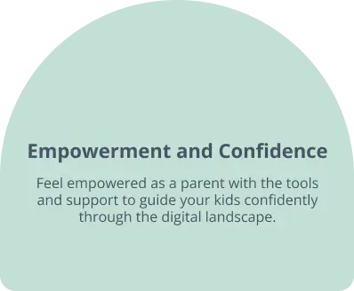 Text on a light green background reads: Empowerment and Confidence. Feel empowered as a parent with the tools and support to guide your kids confidently through the digital landscape. Join the movement today.