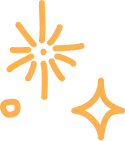 Illustration of three orange star-like shapes on a white background: a large six-pointed star, a smaller four-pointed star, and a circular dot subtly symbolizing the impact of screen time on our attention and focus.