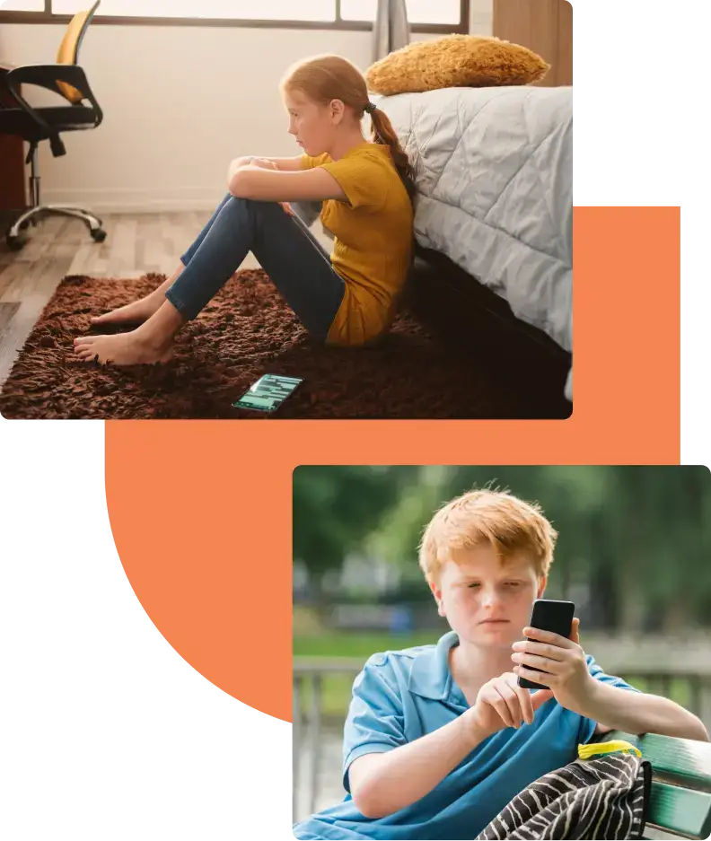 A girl sits on a rug by a bed, looking at her smartphone, reflecting on teen mental health, while a boy outdoors gazes thoughtfully at his phone. Both have red hair and wear casual clothing, embodying the intersection of understanding technology with everyday life.