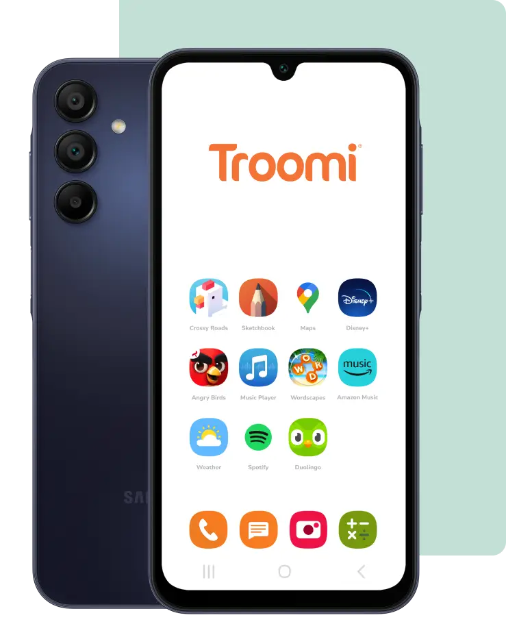 The sleek Troomi smartphone boasts a blue back and triple-camera setup, complemented by its vibrant screen displaying the Troomi logo. Various app icons—games, music, maps, and educational tools—adorn the light green background, ensuring a dynamic and interactive experience.