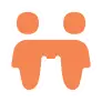 Two orange abstract human figures face each other with curved arms extending toward one another, forming a bridge-like shape. The simple geometric design on a white background subtly reflects our connection in the digital age, pondering the impact of screen time on human interaction.